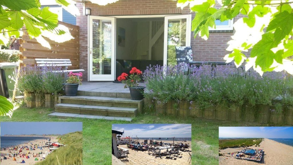 Een gebouw met een bakstenen gevel, een houten terras en een tuin met lavendel en rode bloemen.