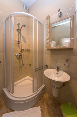 Hair dryer, towels, soap