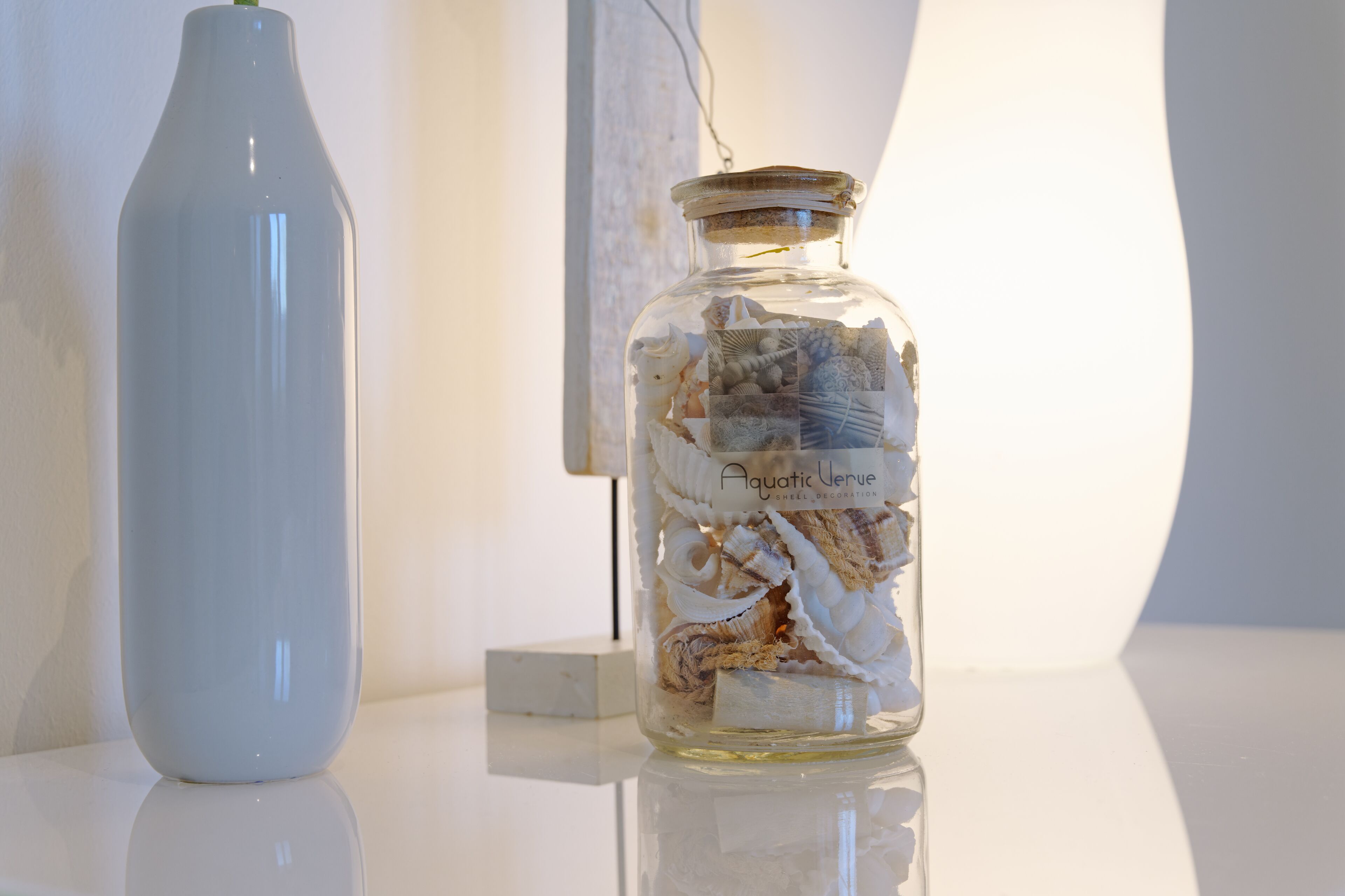 Ein klares Glasgefäß mit dem Aufkleber 'Aquatic Verne Shell Decoration', gefüllt mit verschiedenen Meeresschalen, steht neben einer weißen Vase auf einer spiegelnden Oberfläche.