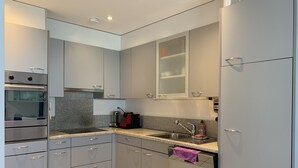 A modern kitchen with grey cabinets, a built-in oven, a coffee machine, and a stainless steel sink. - 4* Vacation Home Residenza Christa - Casa Wiro (Magadino - Gambarogno)