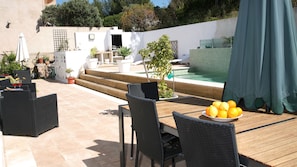 Outdoor dining - MODERN villa with pool and fantastic sea views.  (PUERTO DE SOLLER, MALLORCA)