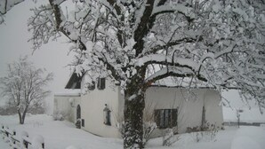 Una casa cubierta de nieve con un árbol grande al frente, una valla de madera y el suelo cubierto de nieve.