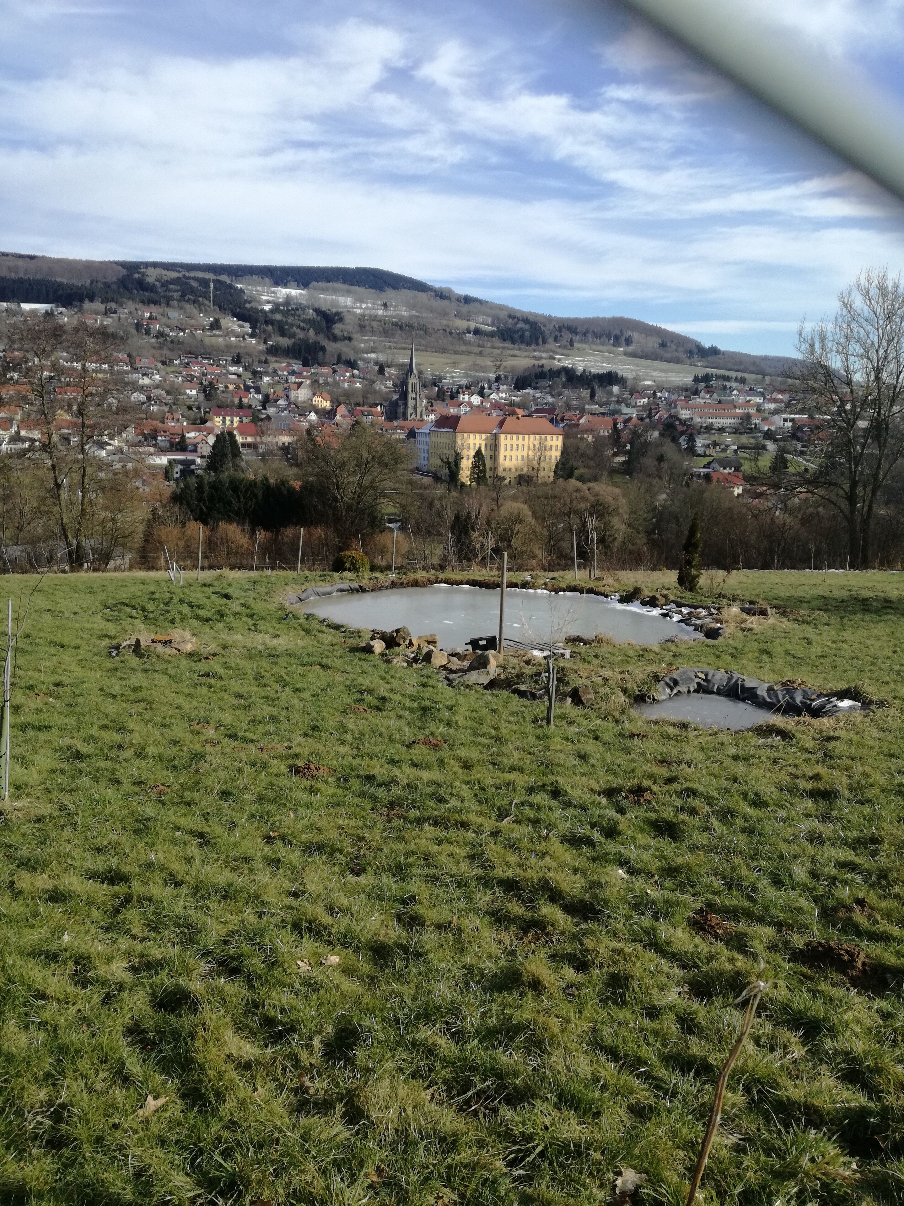 A grassy field with a pond and a distant town with buildings and a church.