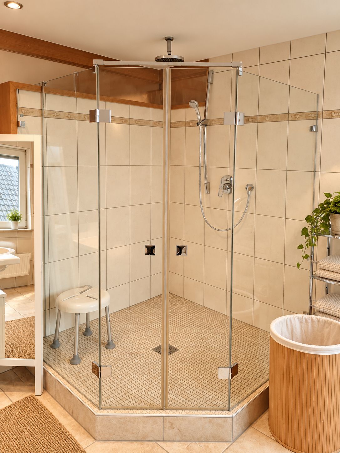 A modern bathroom with a glass-enclosed shower, a white sink, and a wooden vanity.