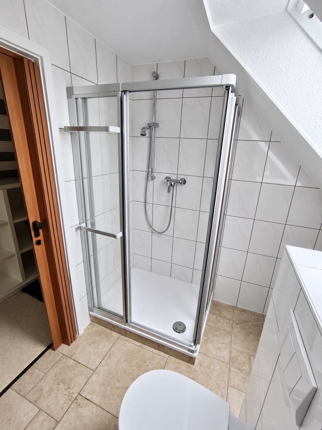 Un box de ducha moderno con puerta de cristal, zona de ducha con azulejos blancos y un inodoro blanco.
