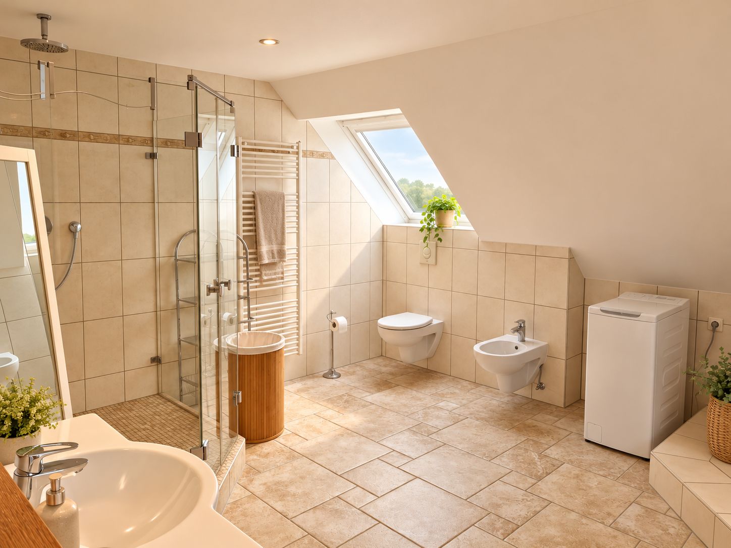 A modern bathroom with a glass-enclosed shower, a freestanding bathtub, a toilet, a bidet, and a built-in washing machine.