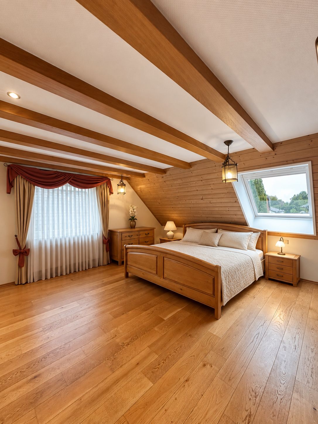 A bedroom with a sloped ceiling, wooden beams, a large bed, bedside tables, and a window with a view.