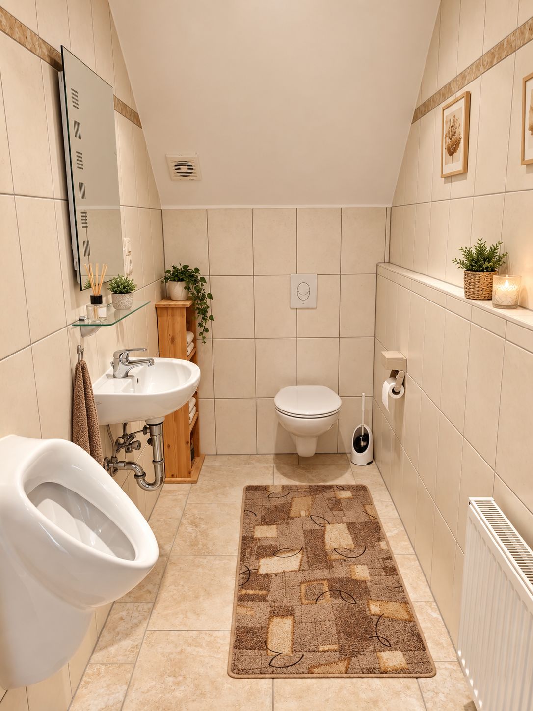 A bathroom with a bidet, sink, toilet, and a small shelf with plants.