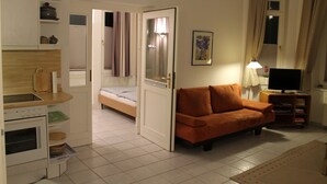 Ein kleiner Wohnbereich mit Küchenzeile, einem Bett, einer Couch und einem Fernseher.