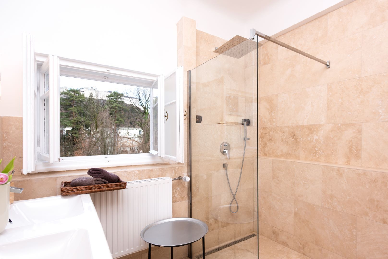 Bathtub, hair dryer, towels, soap
