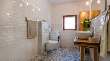 Shower, hair dryer, bidet, towels