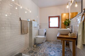 Shower, hair dryer, bidet, towels