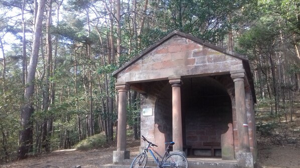A stone structure with a roof, possibly a historical building, surrounded by a forest.