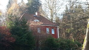 Een rode woning met schuin dak, omringd door bomen en begroeiing.