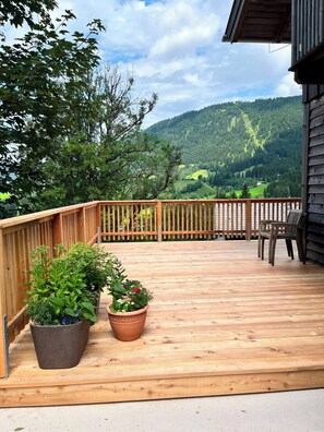 Una terraza de madera con vistas a un valle y colinas verdes, una planta en maceta y una silla.