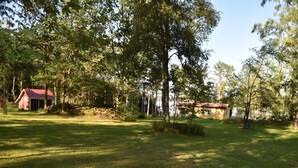 A rural setting with a red-roofed house surrounded by trees and a grassy lawn.