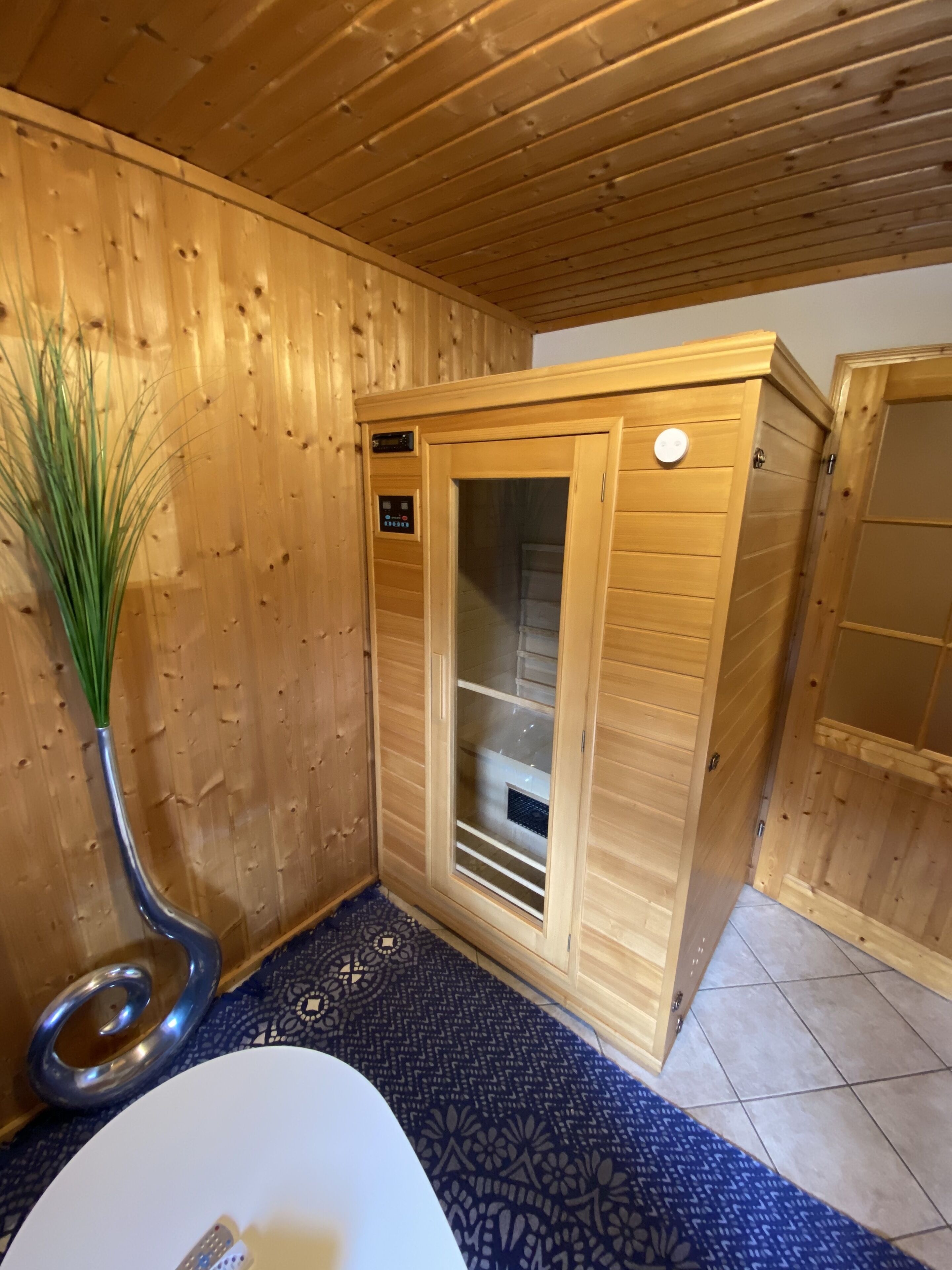 Un sauna aux murs en bois et à la porte en verre, agrémenté d’un tapis à motifs et d’un vase en métal contenant des plantes vertes.