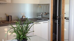 Een moderne keuken met witte kastjes, een houten plafond en een plant in een pot op het aanrecht.