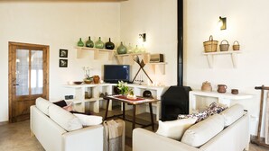 Een gezellige woonkamer met een open haard, een televisie en een verzameling decoratieve objecten op planken.