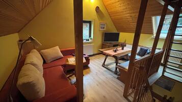 Una televisión, libros, una biblioteca de música