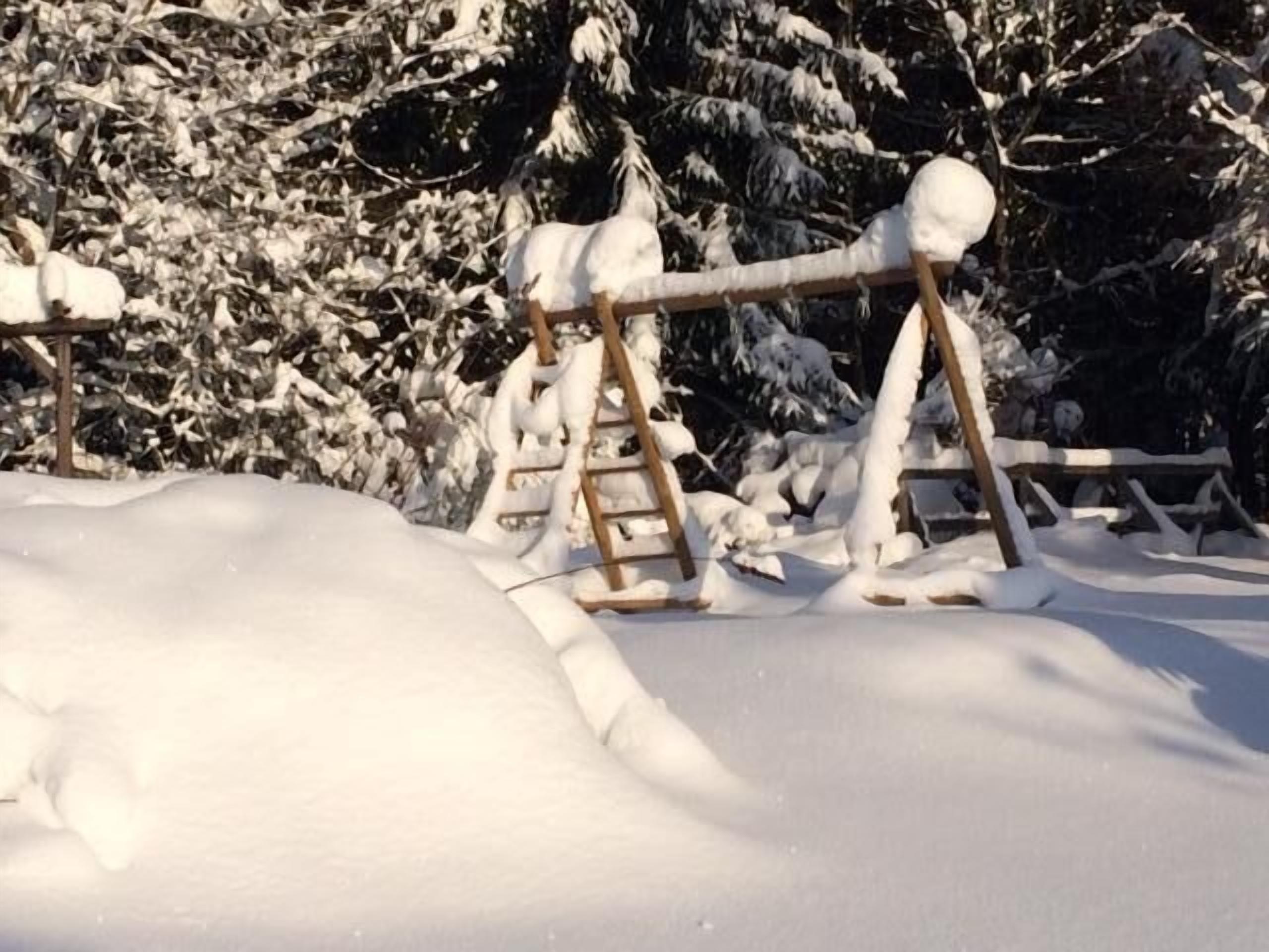Een houten constructie bedekt met sneeuw, mogelijk een slede of speeltoestel, omringd door sneeuw en bomen.