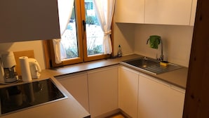 A compact kitchen with a built-in stove, a sink, and a window with curtains. - Pure nature - detached, quietly situated vacation home for 4 people (Feldberg)