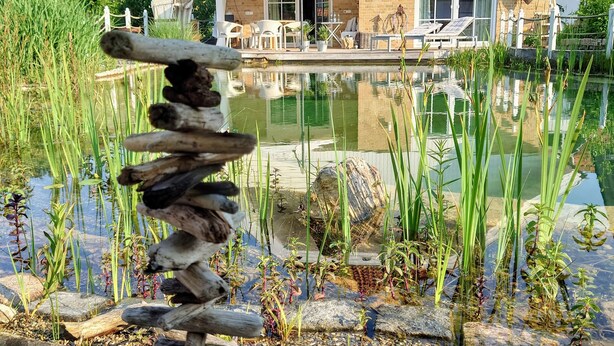 A two-story house with a patio area and a pond. - Apartment water lily Remseck (Remseck am Neckar)