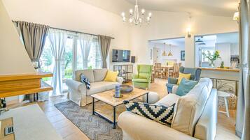 Fernseher, Kamin, DVD-Player, Musikbibliothek