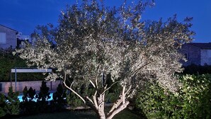 A tree in a backyard with a pool and a stone structure.