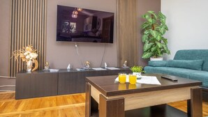 Un salon moderne avec un grand téléviseur à écran plat, un canapé, une table basse avec des boissons et une plante en pot.