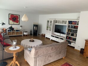 Älytelevisio, takka, DVD-soitin, pöytätennispöytä