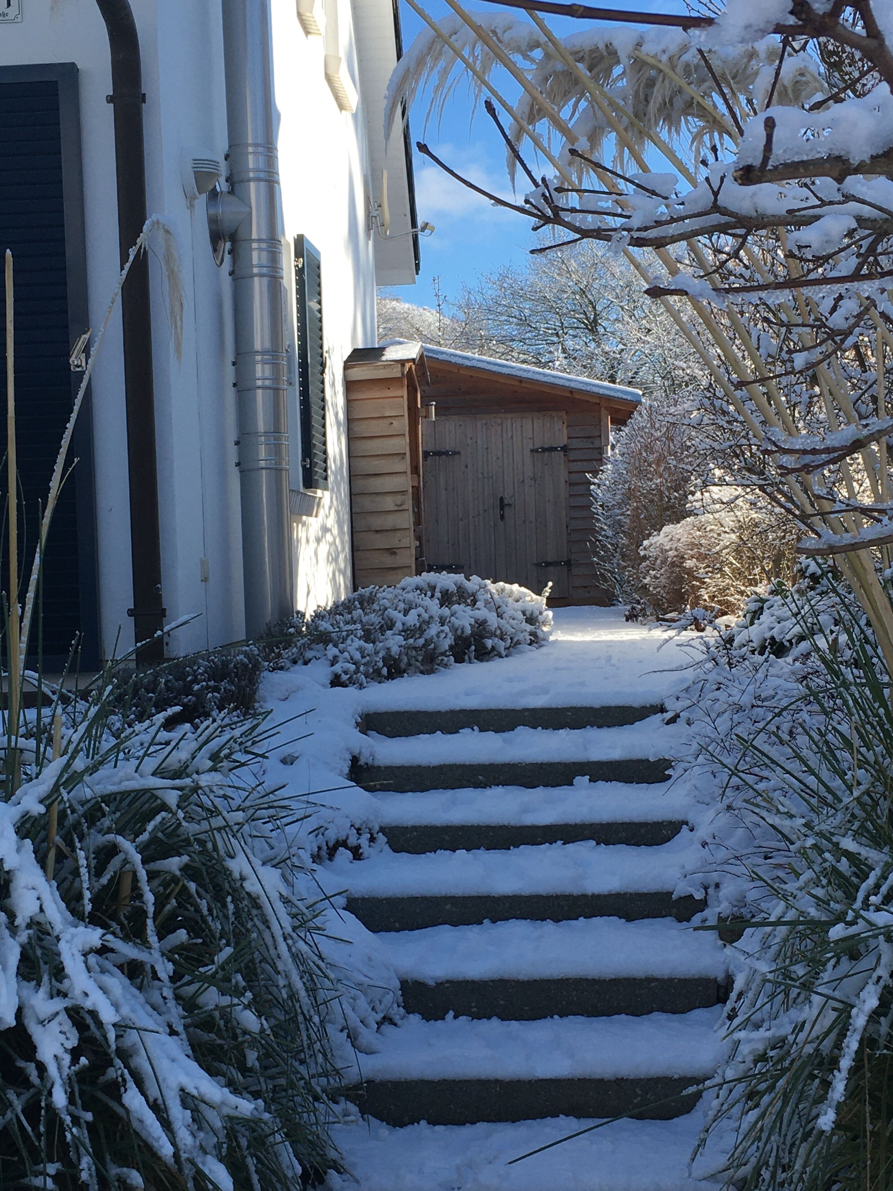 Un sentier enneigé mène à une porte en bois, bordé de plantes recouvertes de neige et d’un bâtiment dont on aperçoit les tuyaux et une fenêtre.