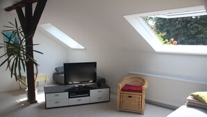 A room with a television on a cabinet, a wicker chair, a small table with a vase, and a skylight. - Charming family and pet friendly apartment in rural idyll - pure relaxation (Kiel Pries)