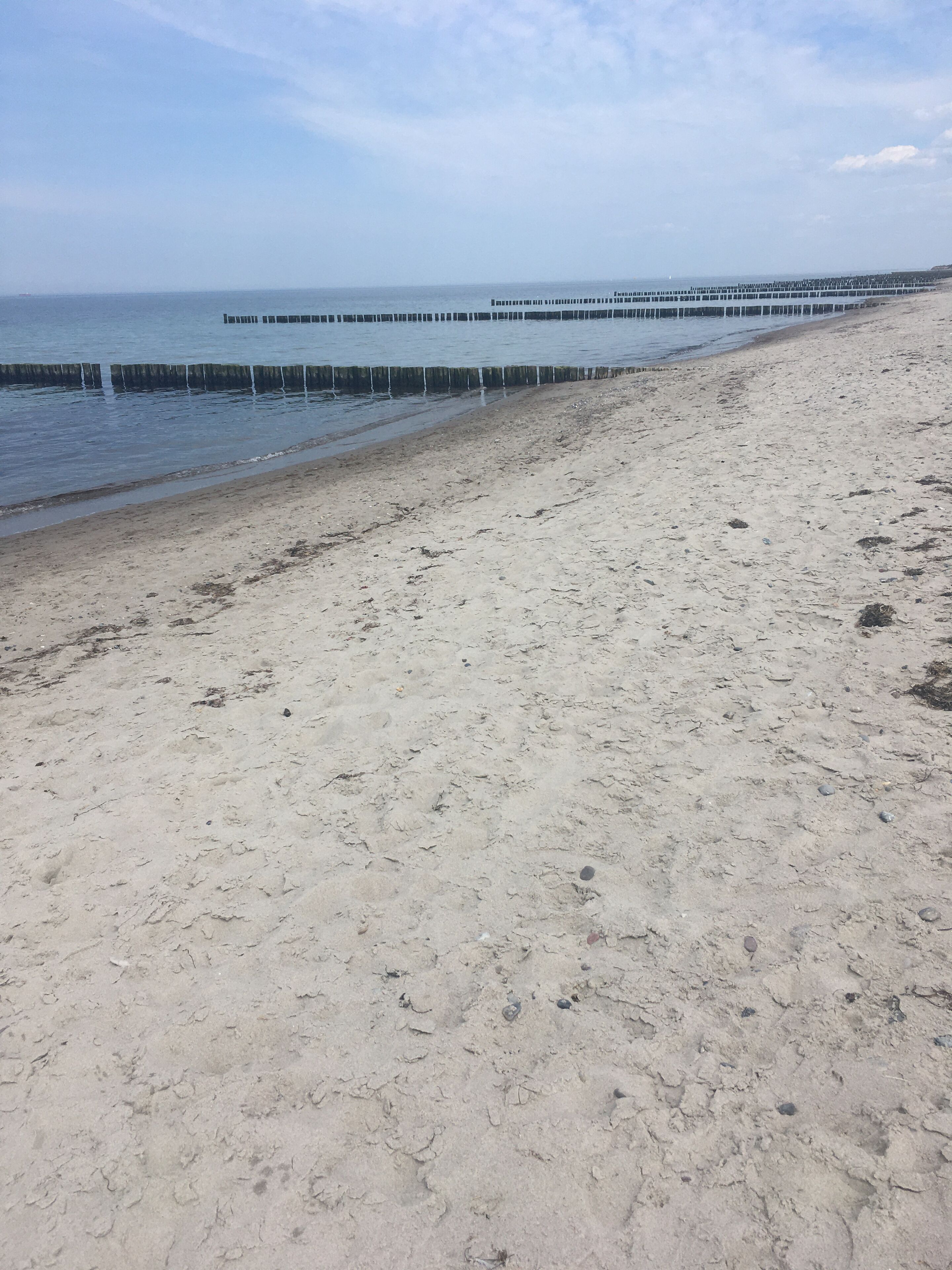 Una playa arenosa con un muelle que se adentra en el agua.