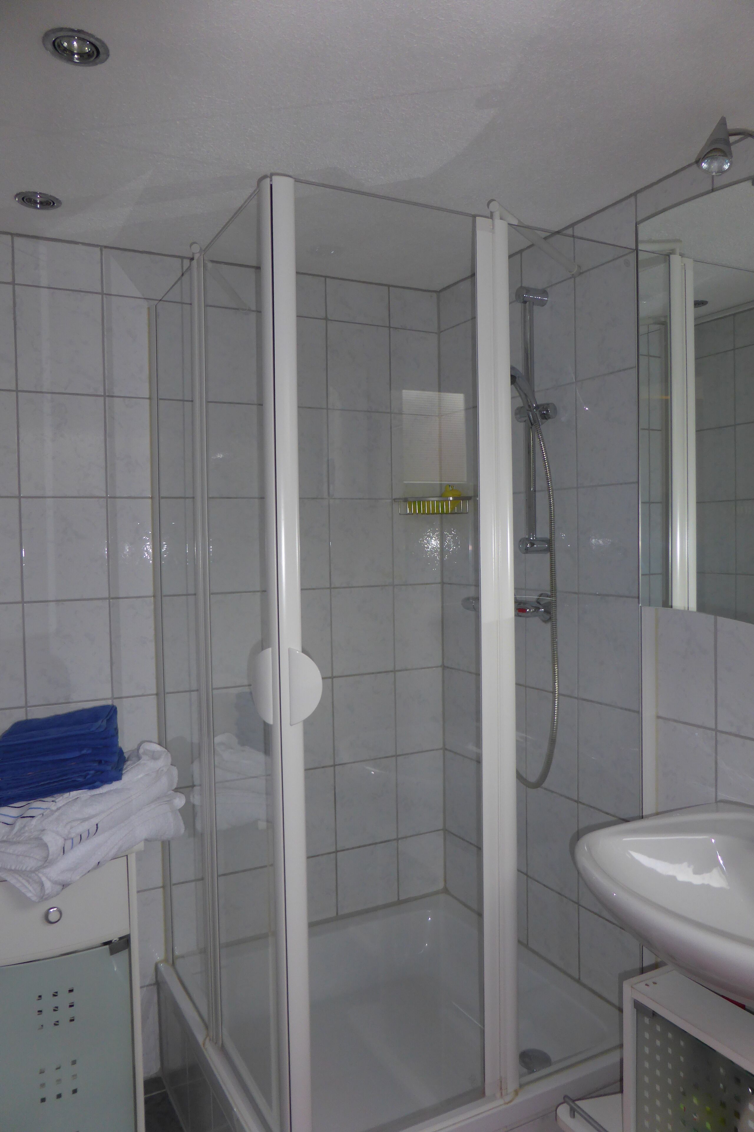 A bathroom with a glass-enclosed shower, a white sink, and a towel rack with folded towels.