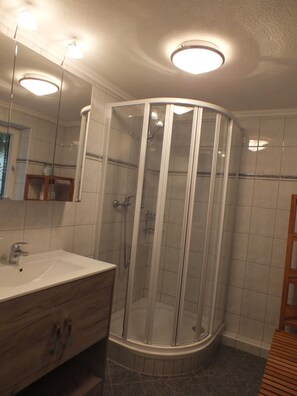 A corner bathroom with a glass-enclosed shower, a sink, and a mirror. - Holiday home - Müllers Holiday Salzburgerland (Niederland)