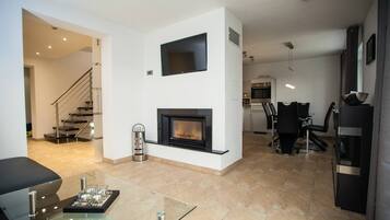 TV, fireplace, books, stereo