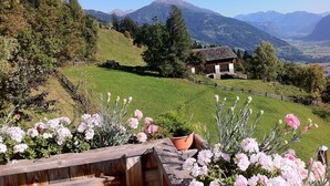 Un chalet de montagne rustique, avec des fondations en pierre et des poutres en bois, entouré de prairies verdoyantes et délimité par une clôture en bois.