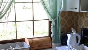 Una cocina compacta con ventana, mostrador de madera y electrodomésticos básicos.