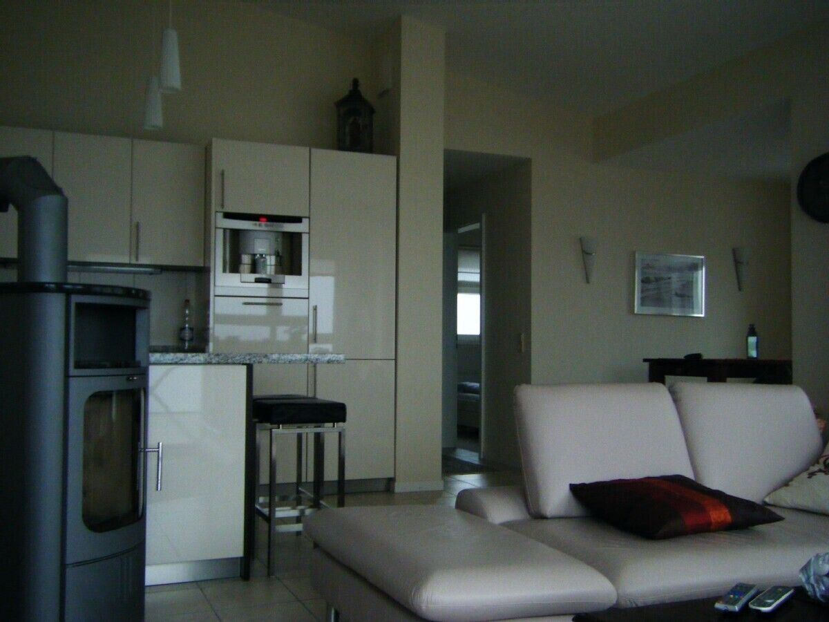 Een ruimtelijk ingerichte leefruimte met een kitchenette, een slaapbank en een eethoek.