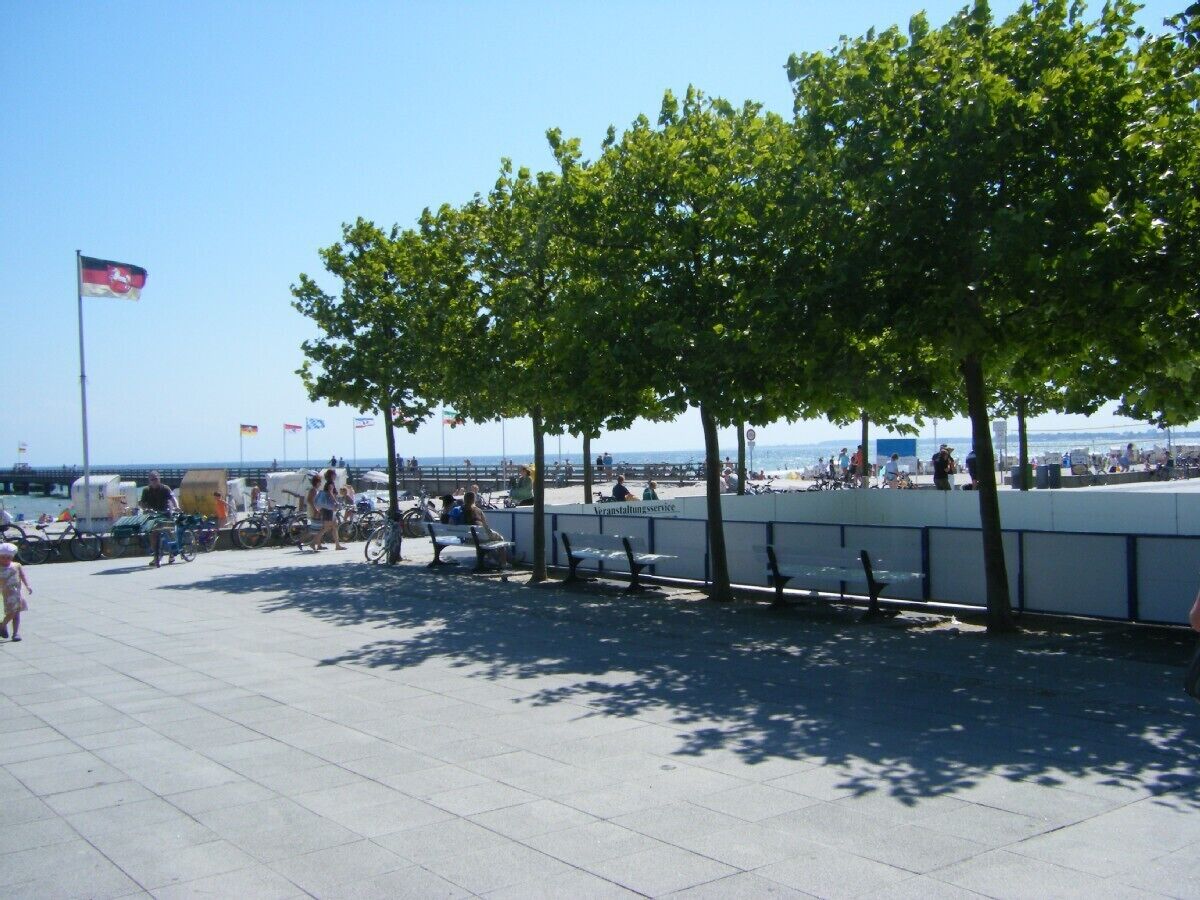 Une promenade dallée, agrémentée de bancs et d’arbres, un ciel dégagé et une vue lointaine sur la mer.