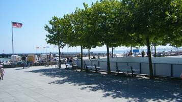 Une promenade dallée, agrémentée de bancs et d’arbres, un ciel dégagé et une vue lointaine sur la mer.