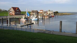 A harbor with boats docked, a grassy area, and a building with a red roof. - Vacation home bungalow, one floor, fenced garden, dog allowed, 2 parking spaces (Butjadingen)