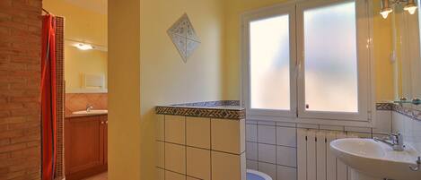 A bathroom with a white sink, a toilet, and a shower area.