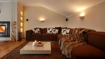 Smart TV, fireplace, video games, DVD player