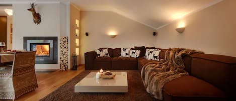 Smart TV, fireplace, video games, DVD player