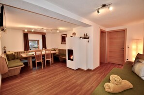Smart TV, fireplace, books
