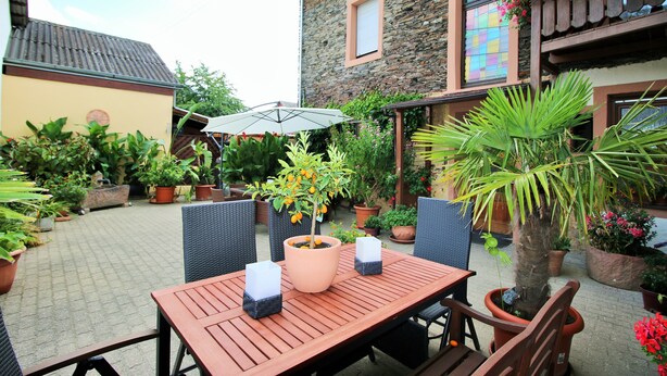 Une terrasse extérieure avec une table et des chaises en bois, entourée de plantes en pot et d’un bâtiment en pierre.