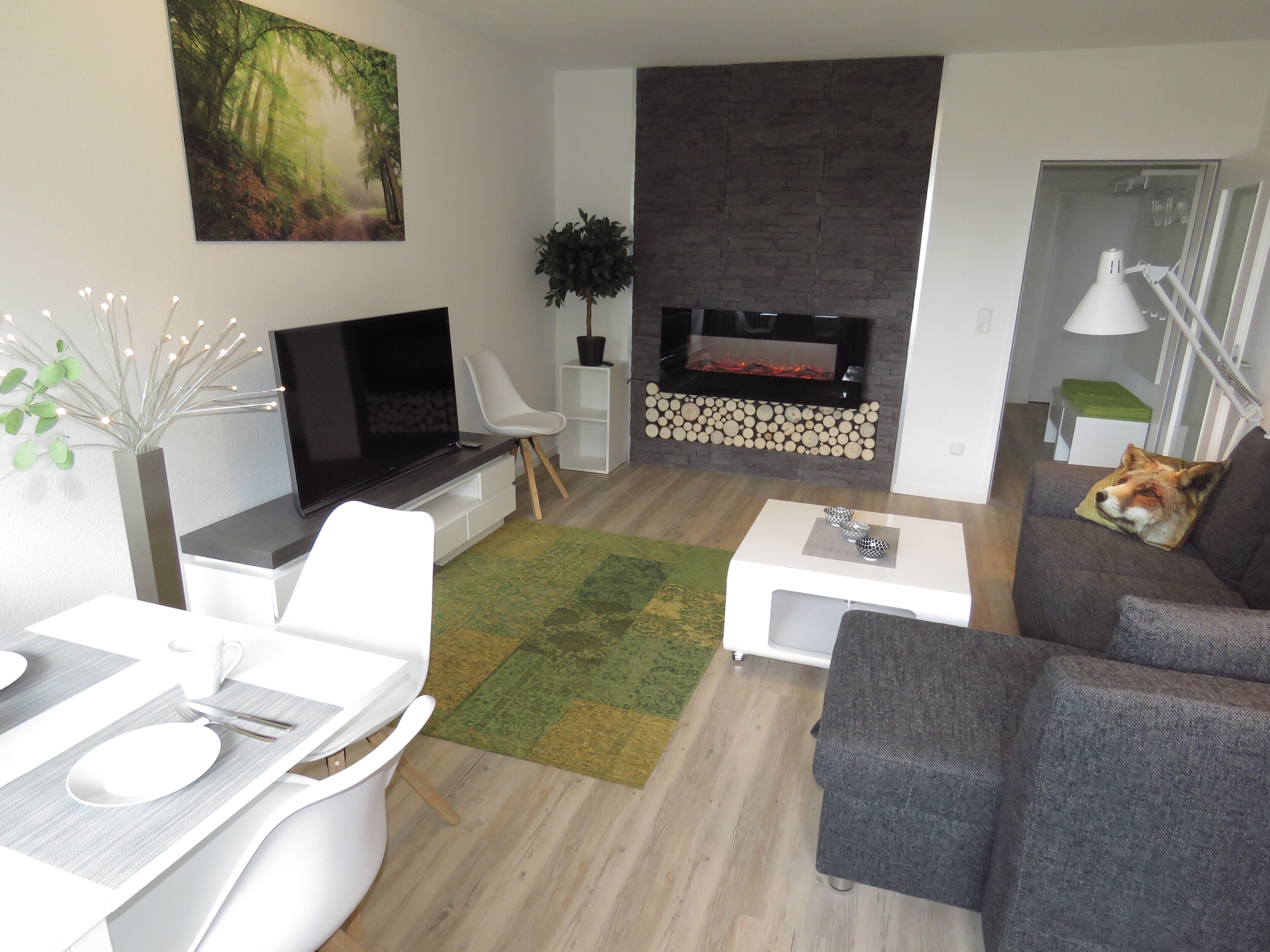 Televisión, chimenea y estéreo 