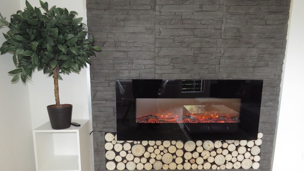 Ein moderner Kamin mit Glasscheibe, ein Holzstapel darunter und eine Topfpflanze links.
